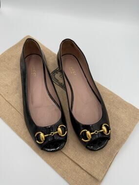 Gucci Flats 6.5 C Bamboo Horsebit GG Monogram Leather Trim Black Canvas